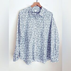 Garnet Hill women white Organic Pima Cotton green print long sleeve button shirt